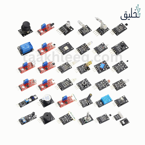 37-in-1 sensor kit contents in professional organizer case – temperature, ultrasonic, IR, flame sensors